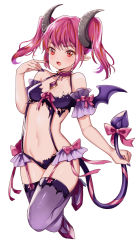 Rule 34 | 1girl, :d, bare shoulders, bra, collar, demon girl, demon horns, demon tail, demon wings, fangs, garter straps, halterneck, hand up, high heels, holding, horns, long hair, looking at viewer, meesuke, mini wings, multicolored hair, nail polish, navel, open mouth, original, panties, pink hair, pointy ears, purple bra, purple nails, purple panties, purple thighhighs, red eyes, ribbon, sidelocks, smile, solo, spiked collar, spikes, streaked hair, tail, tail ornament, tail ribbon, thighhighs, twintails, underwear, underwear only, wings