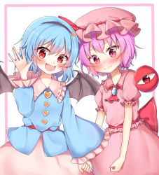 Rule 34 | 2girls, :d, ascot, bat wings, black hairband, blue hair, blue shirt, blush, closed mouth, cosplay, costume switch, hairband, hanen (borry), hat, hat ribbon, heart, highres, holding hands, komeiji satori, looking at viewer, mob cap, multiple girls, open mouth, pink hair, pink headwear, pink shirt, pink skirt, red ascot, red eyes, red ribbon, remilia scarlet, ribbon, shirt, short hair, short sleeves, skirt, smile, standing, third eye, touhou, white background, wings