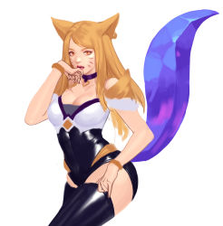Rule 34 | 1girl, ahri (league of legends), animal ears, black leotard, black thighhighs, blonde hair, bracelet, breasts, choker, cleavage, contrapposto, earrings, facial mark, fox ears, fox tail, hand up, jewelry, k/da (league of legends), k/da ahri, large breasts, league of legends, leotard, long hair, looking at viewer, open mouth, purple choker, simple background, siun, solo, tail, thighhighs, whisker markings, white background, yellow eyes