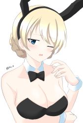 Rule 34 | 1girl, absurdres, aikir (jml5160), alternate costume, animal ears, arm under breasts, bare shoulders, blonde hair, blush, braid, breasts, cleavage reach, darjeeling (girls und panzer), detached collar, fake animal ears, french braid, girls und panzer, highres, leotard, looking at viewer, medium breasts, one eye closed, open mouth, playboy bunny, rabbit ears, solo, swept bangs, upper body, wrist cuffs
