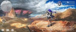 Rule 34 | 1girl, absurdres, arknights, black footwear, black jacket, blue eyes, blue hair, boots, character name, cloud, cloudy sky, commentary, day, demon horns, desert, detached wings, facing away, fake screenshot, floating hair, gameplay mechanics, gyoukan (jfxc), halo, health bar, highres, hood, hood down, hooded jacket, horns, jacket, long sleeves, minimap, mostima (arknights), mountain, outdoors, scenery, sky, solo, speech bubble, staff, translated, video game, wide shot, wings