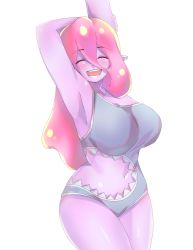Rule 34 | 1girl, absurdres, armpits, arms up, backlighting, blush, breasts, closed eyes, clothing cutout, colored skin, commentary, english commentary, grey one-piece swimsuit, highres, holding own arm, ika (ika-hime), large breasts, long hair, looking at viewer, meme attire, monster girl, navel, navel cutout, one-piece swimsuit, open mouth, original, pink hair, pink skin, pointy ears, sharkini, shiny skin, slime girl, smile, solo, standing, swimsuit, thighs, white background