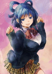 Rule 34 | 1girl, alternate costume, blouse, blue eyes, blue hair, bow, bowtie, breasts, cardigan, clenched hands, collared shirt, contemporary, diagonal-striped bow, diagonal-striped bowtie, diagonal-striped clothes, dress shirt, hair rings, kaku seiga, large breasts, looking at viewer, pink background, plaid, plaid skirt, red bow, red bowtie, school uniform, shirt, short hair, skirt, solo, striped bow, striped bowtie, striped clothes, touhou, v-shaped eyebrows, white shirt, yohane
