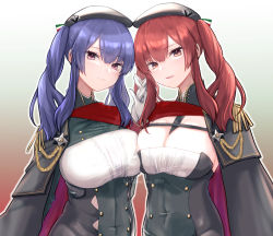 Rule 34 | 2girls, aiguillette, azur lane, beret, between breasts, black cape, black dress, black headwear, blush, breasts, buttons, cape, center frills, cleavage, closed mouth, commentary, covered navel, dress, epaulettes, framed breasts, frills, gloves, gradient background, green dress, hat, interlocked fingers, large breasts, leo (leo ms 888), long hair, looking at viewer, multiple girls, neckwear between breasts, parted bangs, parted lips, pola (azur lane), purple hair, red cape, red eyes, red hair, sidelocks, smile, standing, strap between breasts, strapless, strapless dress, taut clothes, taut dress, twintails, twitter username, two-tone cape, two-tone dress, upper body, white gloves, zara (azur lane)