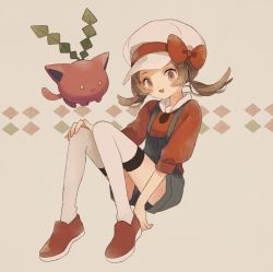 Rule 34 | 1girl, bow, brown eyes, brown hair, cabbie hat, creatures (company), full body, game freak, gen 2 pokemon, hat, hat bow, hoppip, long hair, lyra (pokemon), nintendo, open mouth, overalls, pokemon, pokemon (creature), pokemon hgss, red bow, red footwear, red shirt, shirt, shoes, smile, thighhighs, twintails, white headwear, white thighhighs, zges