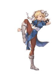 Rule 34 | 1girl, blonde hair, blue dress, boots, bracelet, brown eyes, brown pantyhose, capcom, china dress, chinese clothes, chun-li, chun-li (cosplay), cosplay, cross-laced footwear, djeeta (granblue fantasy), double bun, dress, eyeshadow, fighting stance, flexible, full body, game cg, granblue fantasy, hair bun, high collar, jewelry, lace-up boots, leg up, legs, makeup, minaba hideo, official art, pantyhose, pelvic curtain, puffy short sleeves, puffy sleeves, ribbon, see-through, short hair, short sleeves, side slit, smile, solo, spiked bracelet, spikes, standing, standing on one leg, street fighter, transparent background, white footwear, white ribbon
