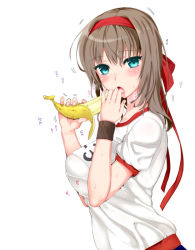 Rule 34 | 1girl, bad id, bad pixiv id, banana, blue eyes, blush, breasts, brown hair, food, fruit, gym uniform, hairband, kojima saya, large breasts, long hair, looking at viewer, open mouth, original, sexually suggestive, solo, sweatband, white background