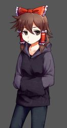Rule 34 | 1girl, black hoodie, bow, brown eyes, brown hair, cigarette, closed mouth, commentary request, cookie (touhou), expressionless, feet out of frame, flat chest, frilled bow, frilled hair tubes, frills, grey background, grey pants, hair between eyes, hair bow, hair tubes, hakurei reimu, hands in pocket, hood, hood down, hoodie, looking at viewer, maru (cookie), medium hair, pants, red bow, simple background, solo, tomoshige, touhou