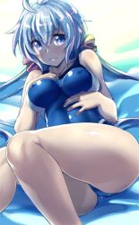 Rule 34 | 10s, 1girl, ahoge, blue one-piece swimsuit, blush, breasts, chikugen shiina, covered erect nipples, frown, hair between eyes, knees together feet apart, large breasts, long hair, looking at viewer, lying, on back, one-piece swimsuit, purple eyes, purple hair, senki zesshou symphogear, solo, swimsuit, thighs, very long hair, yukine chris
