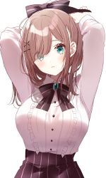 Rule 34 | 1girl, aqua eyes, arms up, blush, bow, bowtie, breasts, brooch, brown hair, center frills, collared shirt, cowboy shot, eyelashes, eyes visible through hair, frills, hair between eyes, hair bow, hair ornament, hairclip, high-waist skirt, highres, jewelry, large breasts, long sleeves, looking at viewer, medium hair, misumi (macaroni), nijisanji, parted bangs, parted lips, purple bow, purple bowtie, purple skirt, shirt, simple background, skirt, solo, striped clothes, striped skirt, suzuhara lulu, vertical-striped clothes, vertical-striped skirt, virtual youtuber, white background, white shirt, wing collar, x hair ornament