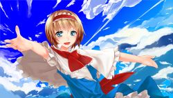 Rule 34 | 1girl, alice margatroid, blonde hair, blue eyes, cape, cloud, day, female focus, frills, hairband, highres, outstretched arms, pino (birthdayparty), short hair, sky, solo, touhou