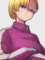 Rule 34 | 1girl, android 18, blonde hair, blue eyes, breasts, closed mouth, crossed arms, dragon ball, dragon ball super, dragon ball super super hero, earrings, half-closed eyes, jewelry, kemachiku, looking at viewer, short hair, solo, upper body, zipper pull tab