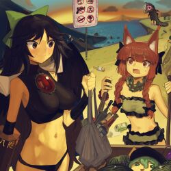 Rule 34 | 4girls, ?, adapted costume, alternate costume, animal ear fluff, animal ears, boa (brianoa), braid, breasts, cat ears, chest jewel, closed mouth, crocodile costume, fang, highres, holding, kaenbyou rin, komeiji koishi, komeiji satori, large breasts, long hair, looking at another, low twin braids, midriff, multiple girls, navel, open mouth, red eyes, red hair, reiuji utsuho, small breasts, smile, smoking, touhou, twin braids