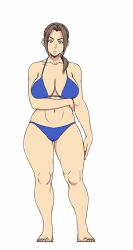Rule 34 | 1girl, arm around waist, bare shoulders, barefoot, bikini, blue bikini, breasts, brown hair, curvy, expressionless, full body, highres, ichan-desu, large breasts, lin zanova (sgt crisis), looking at viewer, navel, original, ponytail, sgt crisis, simple background, solo, swimsuit, toes, white background