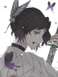 Rule 34 | 1girl, alissax1419, black hair, blood, blood from mouth, blurry, blurry background, blurry foreground, bug, butterfly, butterfly hair ornament, hair intakes, hair ornament, hairclip, haori, holding, holding sword, holding weapon, insect, japanese clothes, kimetsu no yaiba, kochou shinobu, looking at viewer, profile, purple eyes, sheath, sheathed, short hair, solo, sword, upper body, weapon