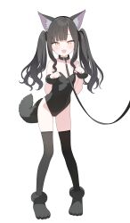 Rule 34 | 1girl, :d, absurdres, animal ears, black collar, black footwear, black hair, black leotard, black thighhighs, blush, breasts, collar, commentary request, covered navel, dog ears, dog girl, dog tail, full body, hands up, highres, jyt, leash, leotard, long hair, looking at viewer, open mouth, orange eyes, original, paw pose, paw shoes, simple background, small breasts, smile, solo, standing, strapless, strapless leotard, tail, thighhighs, twintails, white background