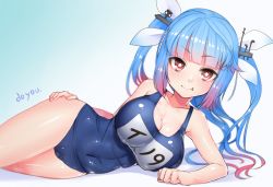 Rule 34 | 10s, 1girl, blue hair, blush, breasts, cleavage, covered navel, doyouwantto, fang, hair ribbon, i-19 (kancolle), kantai collection, large breasts, long hair, looking at viewer, name tag, one-piece swimsuit, red eyes, ribbon, school swimsuit, simple background, smile, solo, star-shaped pupils, star (symbol), swimsuit, symbol-shaped pupils, tri tails