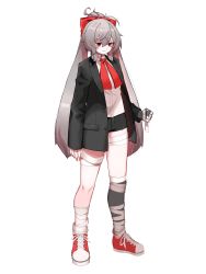 Rule 34 | 1girl, absurdres, ahoge, bandaged leg, bandages, black coat, black shorts, black skin, coat, collared shirt, colored skin, full body, hair between eyes, hair bun, highres, k.tomato, long hair, long sleeves, looking at viewer, multicolored hair, multicolored skin, neck ribbon, open clothes, open coat, original, parted lips, pink hair, red eyes, red footwear, red ribbon, ribbon, shirt, shoes, short shorts, shorts, silver hair, single hair bun, sneakers, solo, standing, streaked hair, thighs, transparent background, twintails, very long hair, white shirt