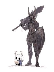 Rule 34 | absurdres, armor, black knight (dark souls), cloak, dark souls (series), dark souls i, fake horns, full armor, helmet, highres, hollow knight, horned helmet, horns, knight (hollow knight), map, over shoulder, shield, size difference, sword, weapon, weapon on back, weapon over shoulder, white background, writing