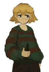 Rule 34 | 1girl, alcohol, blonde hair, bottle, brown pants, goatmilksoap, green sweater, holding, holding bottle, long sleeves, looking to the side, niea (niea 7), niea 7, pants, sweater, white background