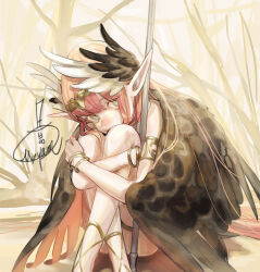 Rule 34 | 1girl, armlet, bare shoulders, blue eyes, bracelet, brown wings, circe (fate), circlet, cross-laced sandals, fate/grand order, fate (series), feathered wings, head down, head on knees, head rest, head wings, hugging own legs, jewelry, knees to chest, knees up, long hair, looking at viewer, mizutame tori, multicolored eyes, pink eyes, pink hair, pointy ears, sitting, solo, winged hair ornament, wings