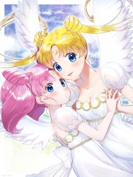 Rule 34 | 2girls, alternate eye color, back bow, bare shoulders, bishoujo senshi sailor moon, blonde hair, blue eyes, bow, breasts, chibi usa, cleavage, collarbone, cone hair bun, crescent, crescent facial mark, double bun, dress, facial mark, feathered wings, forehead mark, hair bun, hair ornament, hairpin, highres, hitsuji kumo, holding hands, long hair, looking at viewer, mother and daughter, multiple girls, parted bangs, pink hair, princess serenity, short hair, small lady serenity, smile, strapless, strapless dress, tsukino usagi, twintails, upper body, white bow, white dress, white wings, wings