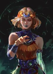 Rule 34 | 1girl, ancient greek clothes, asymmetrical arms, black sclera, blonde hair, bone, bracer, colored sclera, dress, floating hair, glowing arm, gorget, greco-roman clothes, green eyes, green lips, hades (series), hades 2, hand up, happeh, heterochromia, highres, laurel crown, looking at viewer, melinoe (hades), mismatched sclera, orange dress, red eyes, see-through body, signature, skeletal arm, smoke, solo, upper body, wristband