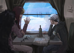 Rule 34 | 2boys, :d, black hair, blonde hair, bottle, coat, cup, donquixote rocinante, drinking glass, facial hair, flower, fur coat, goatee, halo, hand on own chin, hat, highres, indoors, long sleeves, looking outside, makeup, male focus, multiple boys, newspaper, one piece, open mouth, smile, snow, snowing, table, trafalgar law, user ehps3485, window, wine bottle, wine glass