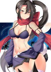 Rule 34 | 1girl, black hair, blush, breasts, brown eyes, cleavage, commentary request, cosplay, fishnets, gloves, hair between eyes, hair ornament, hand on own hip, highres, holding, holding weapon, kantai collection, katana, large breasts, long hair, looking at viewer, mahou shoujo ikusei keikaku, nachi (kancolle), navel, night, night sky, ninja, pink thighhighs, red scarf, ripple (mahoiku), scarf, shuriken hair ornament, side ponytail, sky, solo, sword, thighhighs, weapon, yasume yukito