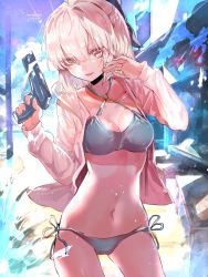Rule 34 | 1girl, absurdres, ahoge, bikini, black ribbon, blonde hair, blue sky, breasts, cleavage, collarbone, commentary request, cowboy shot, eyes visible through hair, fate/grand order, fate (series), hair ribbon, half updo, halterneck, highres, holding, holding water gun, jacket, jacket over swimsuit, legs apart, looking at viewer, medium breasts, navel, okita j. souji (fate), okita souji (fate), okita souji (koha-ace), open mouth, rahanachi, ribbon, side-tie bikini bottom, sky, smile, solo, standing, stomach, swimsuit, thigh gap, water gun, yellow eyes