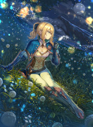 Rule 34 | 1girl, absurdres, blonde hair, blowing, blue eyes, bow, brace, breasts, cleavage, cloud, cloudy sky, dandelion, earrings, field, fireflies, flower, full body, full moon, genshin impact, grass, hair bow, highres, jean (genshin impact), jewelry, medium breasts, moon, night, night sky, on ground, outdoors, ponytail, sitting, sky, solo, vambraces, yewang19