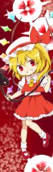Rule 34 | 1girl, blonde hair, flandre scarlet, grin, hat, highres, laevatein, looking at viewer, mary janes, mob cap, red eyes, shirt, shoes, side ponytail, skirt, skirt set, smile, solo, touhou, vest, wings, yamabuki (yusuraume)