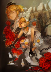 Rule 34 | 1boy, 1girl, bad id, bad pixiv id, blonde hair, blood, bow, brother and sister, castle, cross, dress, closed eyes, flower, gloves, green eyes, hair bow, hair ribbon, hat, jewelry, kagamine len, kagamine rin, lea.sy, necklace, ribbon, rose, short hair, siblings, tears, twins, vocaloid, white dress