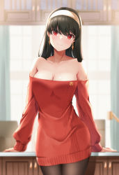 1girl bare_shoulders black_hair black_pantyhose blurry blurry_background breasts cleavage closed_mouth collarbone curtains dress earrings gold_earrings hairband highres jewelry lancheu large_breasts long_hair looking_at_viewer off-shoulder_sweater off_shoulder pantyhose red_eyes red_sweater smile solo spy_x_family straight_hair sweater sweater_dress swept_bangs white_hairband window yor_briar