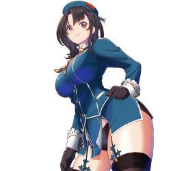 Rule 34 | ascot, beret, black gloves, black hair, black panties, black thighhighs, blue hat, blue jacket, blue skirt, breasts, garter straps, gloves, hand on own hip, hat, highres, jacket, kantai collection, large breasts, long sleeves, looking at viewer, military, military uniform, miniskirt, moke ro, panties, red eyes, short hair, simple background, skirt, smile, smokestack, takao (kancolle), thighhighs, underwear, uniform, white background