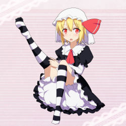 Rule 34 | 1girl, alternate costume, ascot, black dress, blonde hair, bloomers, cato (monocatienus), dress, full body, hair ribbon, hat, juliet sleeves, kneehighs, layered dress, leg up, long sleeves, looking at viewer, mob cap, open mouth, panties, puffy sleeves, red eyes, ribbon, rumia, socks, solo, striped clothes, striped panties, striped socks, touhou, underwear, veil, white dress
