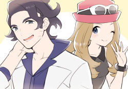 Rule 34 | 1boy, 1girl, augustine sycamore, black hair, blonde hair, blush, bracelet, collarbone, collared shirt, commentary request, creatures (company), curly hair, eyewear on head, facial hair, game freak, grey eyes, hand up, hat, highres, jewelry, lab coat, long hair, looking at viewer, lower teeth only, nintendo, open mouth, pink headwear, pokemon, pokemon xy, serena (pokemon), shirt, sleeveless, sleeveless shirt, smile, sunglasses, sunglasses on head, teeth, tongue, tudurimike, upper body, white-framed eyewear