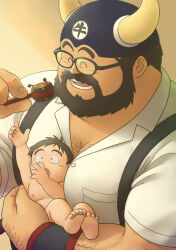 Rule 34 | 2boys, ^ ^, absurdres, baby carry, bara, beard, between pecs, between pectorals, black eyes, black hair, carrying, character request, chest hair peek, closed eyes, dragon ball, dragon ball (classic), facial hair, fake horns, father and child, fatherly, full beard, gyuu mao, head between pecs, highres, horned headwear, horns, large pectorals, long hair, male focus, mature male, multiple boys, muscular, muscular male, norijaga, open mouth, pectoral cleavage, pectoral press, pectorals, short hair, smile, thick arm hair, thick beard, thick eyebrows, three quarter view