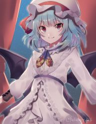 Rule 34 | 1girl, absurdres, alternate costume, artist name, bat wings, blue eyes, blue hair, blue neckwear, closed mouth, commentary request, dress, flat chest, frills, hat, hat ribbon, highres, katsukare, long sleeves, looking at viewer, medium hair, mob cap, multicolored eyes, night, night sky, puffy sleeves, red curtains, red eyes, red ribbon, remilia scarlet, ribbon, sky, smile, solo, star (sky), starry sky, touhou, white dress, white hat, wings