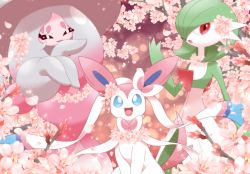 Rule 34 | :d, blue eyes, cherry blossoms, commentary request, creature, creatures (company), game freak, gardevoir, gen 3 pokemon, gen 6 pokemon, gen 8 pokemon, happy, hatterene, looking at viewer, maiko (mimi), nintendo, open mouth, pokemon, pokemon (creature), red eyes, smile, sylveon