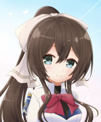 Rule 34 | 1girl, aqua eyes, assault lily, black shirt, blue background, blush, bow, bowtie, breasts, brown hair, closed mouth, commentary request, crossed bangs, gradient background, hair between eyes, hair bow, herensuge girls academy school uniform, high collar, high ponytail, inoguchi minto, jacket, light particles, long hair, looking at viewer, medium breasts, pink background, ponytail, red bow, red bowtie, school uniform, serizawa chikaru, shirt, sidelocks, smile, solo, upper body, white bow, white jacket