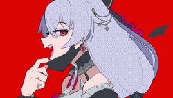 Rule 34 | 1girl, :d, bare shoulders, commentary request, detached sleeves, earrings, fang, frilled sleeves, frills, from side, grey hair, hair between eyes, hand up, honkai (series), honkai impact 3rd, jewelry, juliet sleeves, long hair, long sleeves, mask, mask pull, mouth mask, open mouth, profile, puffy sleeves, red background, red eyes, simple background, smile, solo, taixuan, theresa apocalypse, theresa apocalypse (luna kindred), theresa apocalypse (lunar vow: crimson love), upper body, vampire (vocaloid)