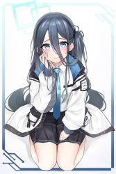 Rule 34 | 1girl, absurdres, aqua halo, aris (blue archive), black skirt, blue archive, blue border, blue eyes, blue necktie, border, closed mouth, full body, gradient border, hair between eyes, halo, highres, jacket, long hair, long hair between eyes, long sleeves, nayamu, necktie, rectangular halo, seiza, simple background, sitting, skirt, smile, solo, sweatdrop, very long hair, white background, white jacket