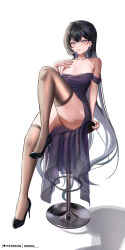 Rule 34 | 1girl, absurdres, bare shoulders, black footwear, black hair, character request, collarbone, commentary, copyright request, dress, earrings, english commentary, grey eyes, grin, hand on own chest, high heels, highres, jewelry, knee up, long hair, looking at viewer, off-shoulder dress, off shoulder, parted lips, purple dress, short sleeves, simple background, sitting, smile, solo, thighhighs, thighs, very long hair, white background, wonnikon