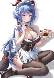 Rule 34 | 1girl, alternate costume, animal, apron, bare arms, bare shoulders, bikini, black footwear, black thighhighs, blue hair, breasts, cake, cake slice, cat, cleavage, cream, cream on breasts, cream on face, detached collar, enmaided, food, food on face, fork, frilled apron, frills, ganyu (genshin impact), genshin impact, goat horns, halterneck, high heels, highres, holding, holding fork, horns, large breasts, long hair, looking at viewer, maid, maid apron, maid headdress, mole, mole on breast, parted lips, purple eyes, side-tie bikini bottom, side-tie peek, skindentation, solo, spaghetti strap, ssong2, string bikini, suggestive fluid, swimsuit, thighhighs, thighs, tray, underbust, very long hair