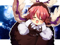 Rule 34 | 1girl, :d, ^ ^, animal ears, bad id, bad pixiv id, blush, closed eyes, cloud, dress, closed eyes, fang, female focus, frills, from above, full moon, happy, hat, matatabi maru, moon, mystia lorelei, night, open mouth, pink hair, short hair, smile, solo, touhou, wings
