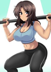 Rule 34 | 1girl, absurdres, aikir (jml5160), black pants, blue eyes, blue sports bra, blush, breasts, brown hair, cleavage, closed mouth, collarbone, commission, el (girls und panzer), exercising, girls und panzer, gym pants, highres, large breasts, looking at viewer, midriff, navel, pants, pixiv commission, shiny skin, simple background, solo, sports bra, sweat, weightlifting