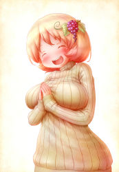 Rule 34 | 1girl, aki minoriko, arinu, blush, breasts, closed eyes, commentary request, dress, fingernails, food, fruit, grapes, hair ornament, highres, large breasts, leaf, leaf hair ornament, long sleeves, open mouth, orange hair, own hands together, ribbed sweater, short hair, smile, solo, sweater, sweater dress, teeth, touhou, turtleneck, turtleneck sweater