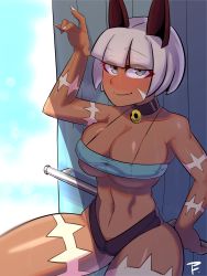 Rule 34 | absurdres, arm up, bare shoulders, bikini, bikini bottom only, blue eyes, blush, bob cut, breasts, cat girl, claws, collar, collarbone, dark-skinned female, dark skin, fang, highres, large breasts, looking at viewer, ms. fortune (skullgirls), navel, neck bell, necktie, painting fish, scar, shade, shaded face, short hair, skindentation, skullgirls, smile, strapless, sweat, swimsuit, thick thighs, thighs, tube top, underboob, white hair