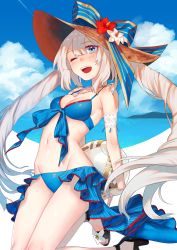 Rule 34 | 1girl, ankle strap, ball, beach, beachball, blue eyes, blush, breasts, cloud, day, fate/grand order, fate (series), grey hair, hat, high heels, highres, jewelry, marie antoinette (fate), marie antoinette (swimsuit caster) (third ascension) (fate), medium breasts, moegi0926, navel, necklace, one eye closed, open mouth, sandals, smile, solo, strappy heels, swimsuit, twintails